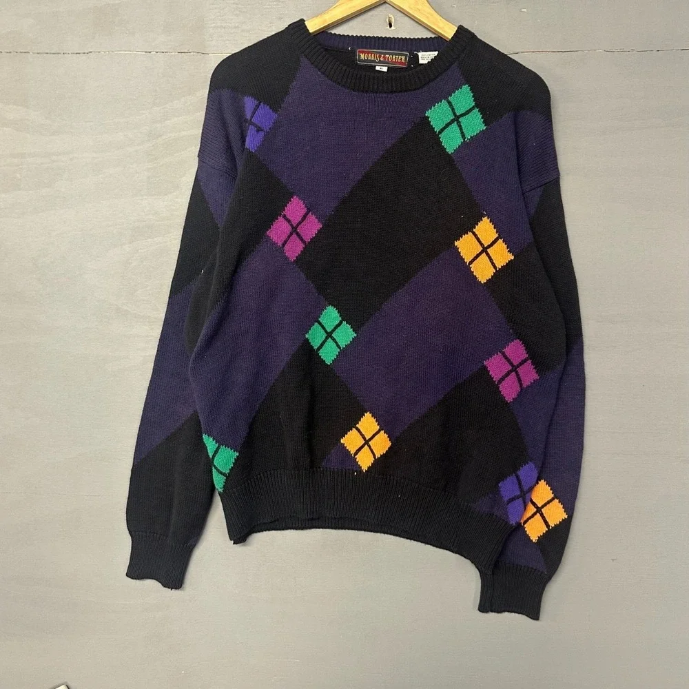 Morris‎ & Porter Mens XL Argyle Sweater Black Purple Green Orange Knit Pullover